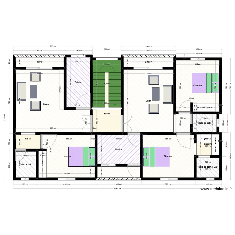 01 Studio + 02 Appart par niveau. Plan de 18 pièces et 108 m2