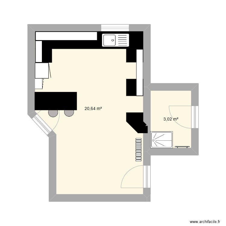 Cuisine. Plan de 2 pièces et 24 m2