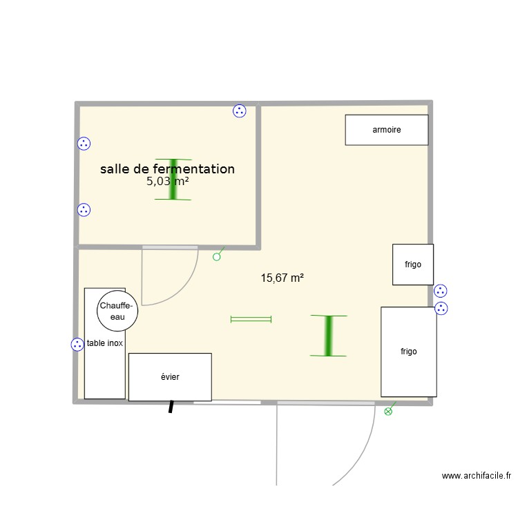 atelier de fermentation. Plan de 2 pièces et 21 m2