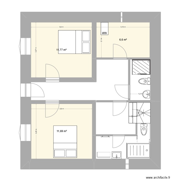ChaletSousBassement-Phase1-Sdb. Plan de 3 pièces et 30 m2