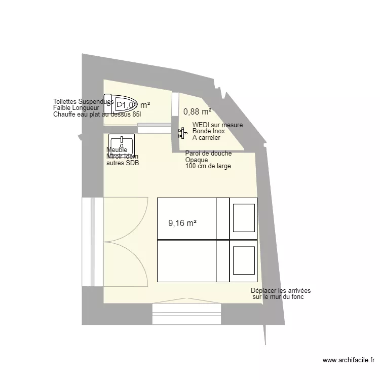 Chambre 26 f&eacute;vrier 2026 Plomberie. Plan de 3 pièces et 11 m²