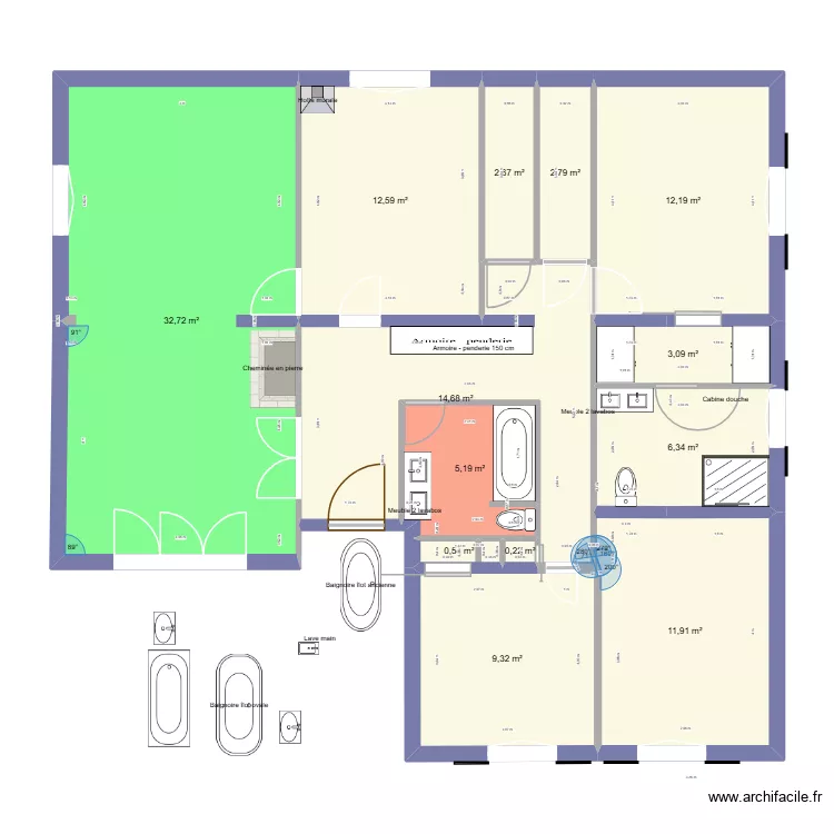 Maison. Plan de 13 pièces et 114 m²