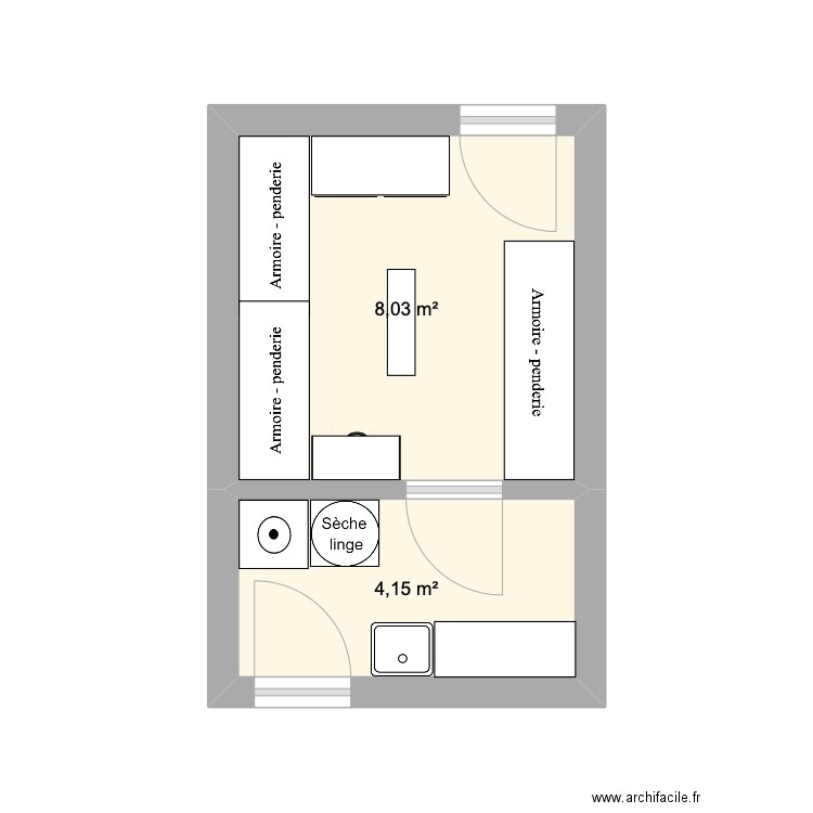 Dressing buanderie. Plan de 2 pièces et 12 m2