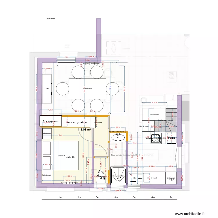 plan version 2 JEU 30/04  SDB cuisine chambre SaM avec niche et 2 galandages Douche 85 et dimensions reelles. Plan de 2  et 12 m²