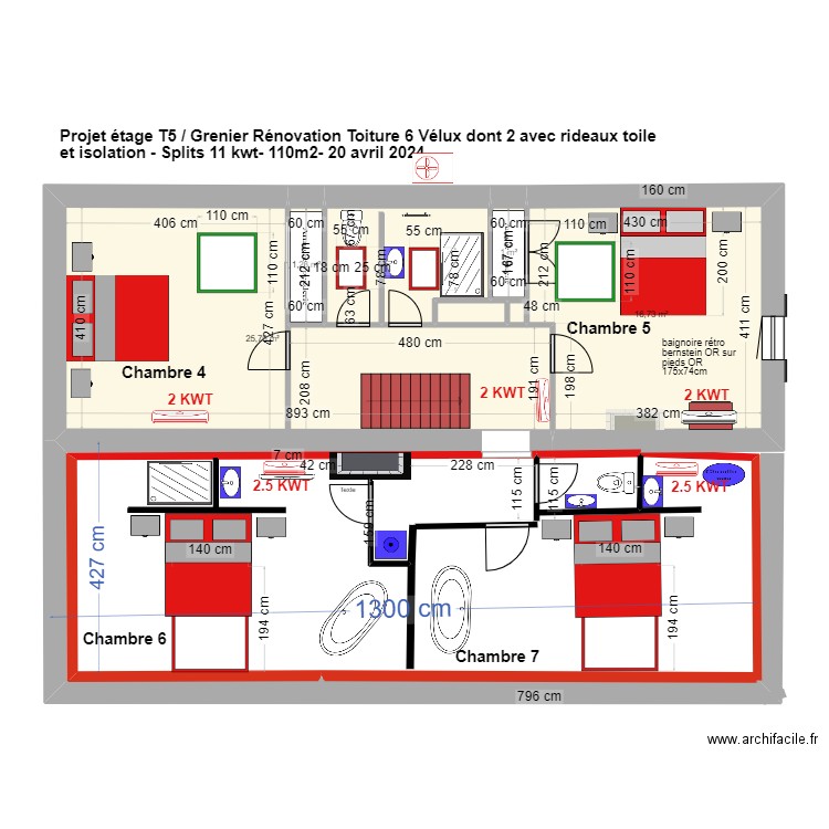 PProjet ETAGE T5 - 4 chambres . Plan de 7 pièces et 51 m2