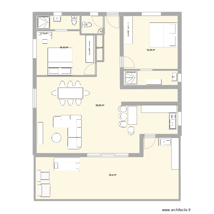 plan en L diego. Plan de 5 pièces et 128 m2