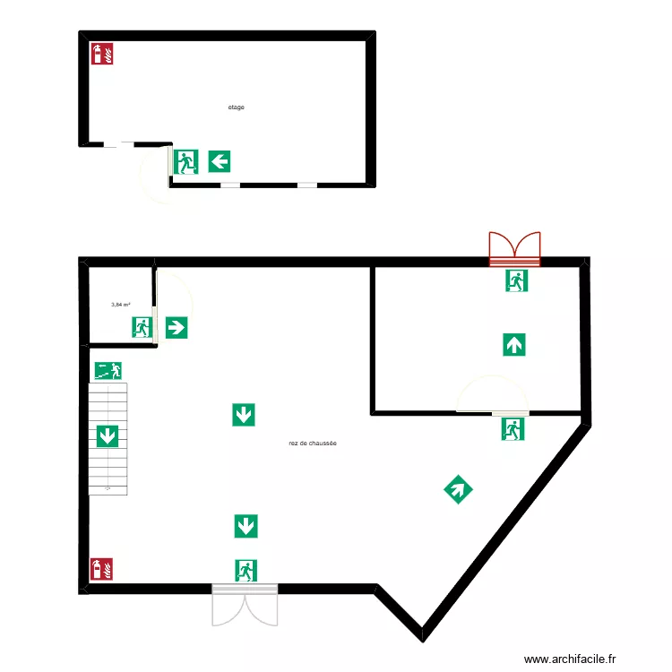 Plan d\'evacuation. Plan de 3  et 142 m²