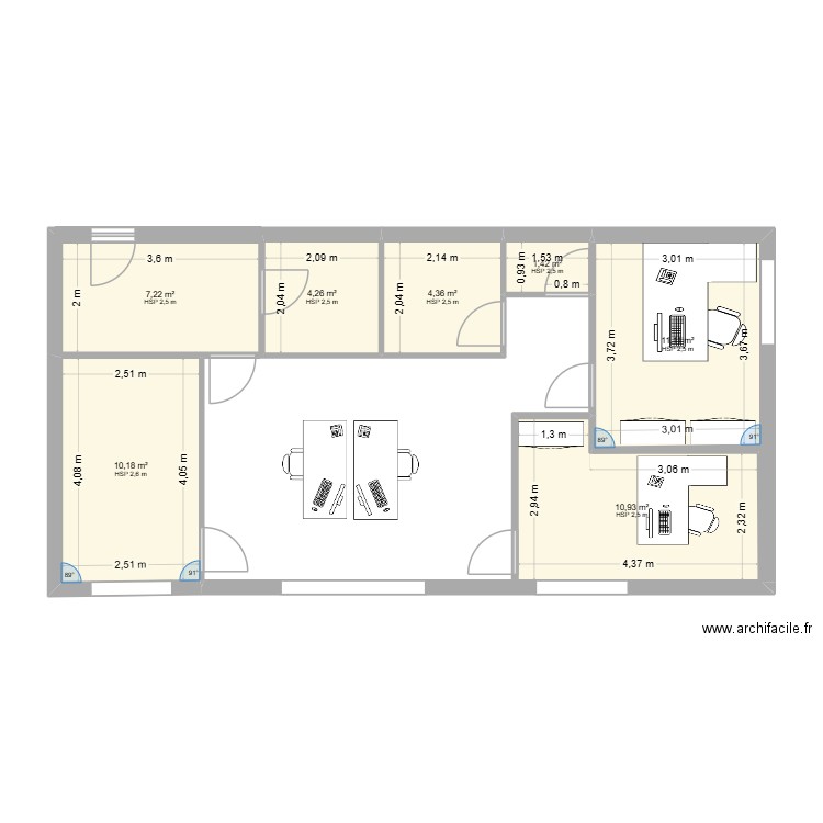 bureau. Plan de 7 pièces et 49 m2