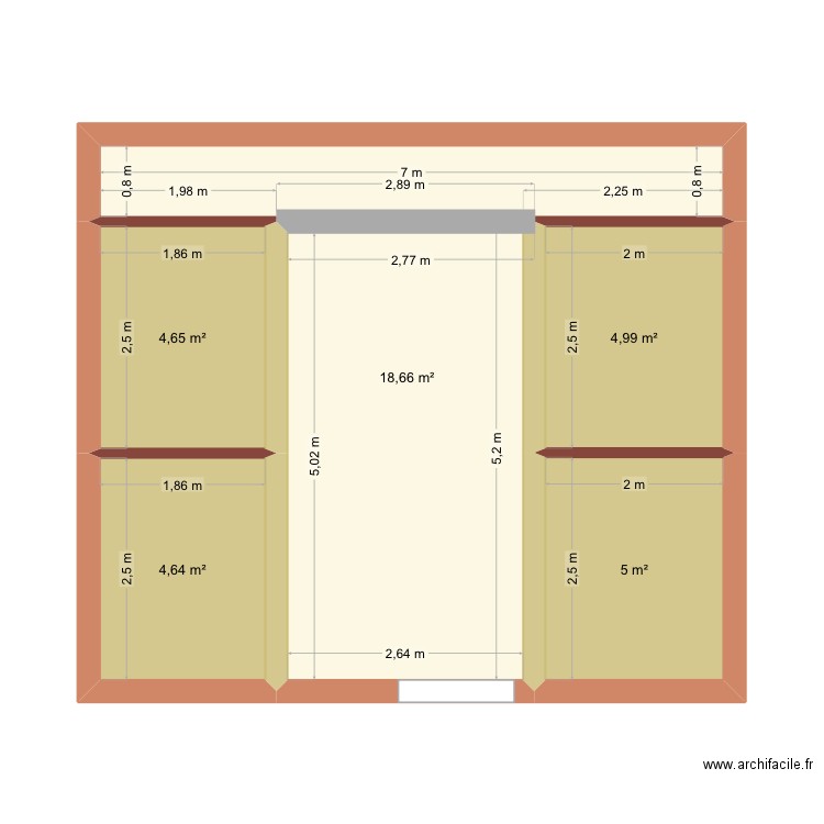 Box. Plan de 5 pièces et 38 m2