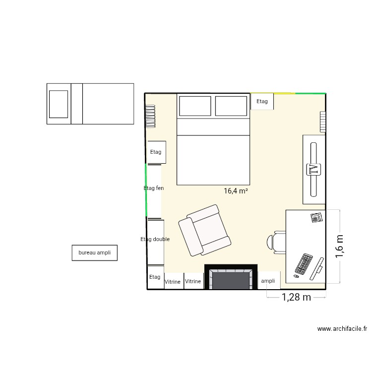 Chambre lit double. Plan de 1 pièce et 16 m2