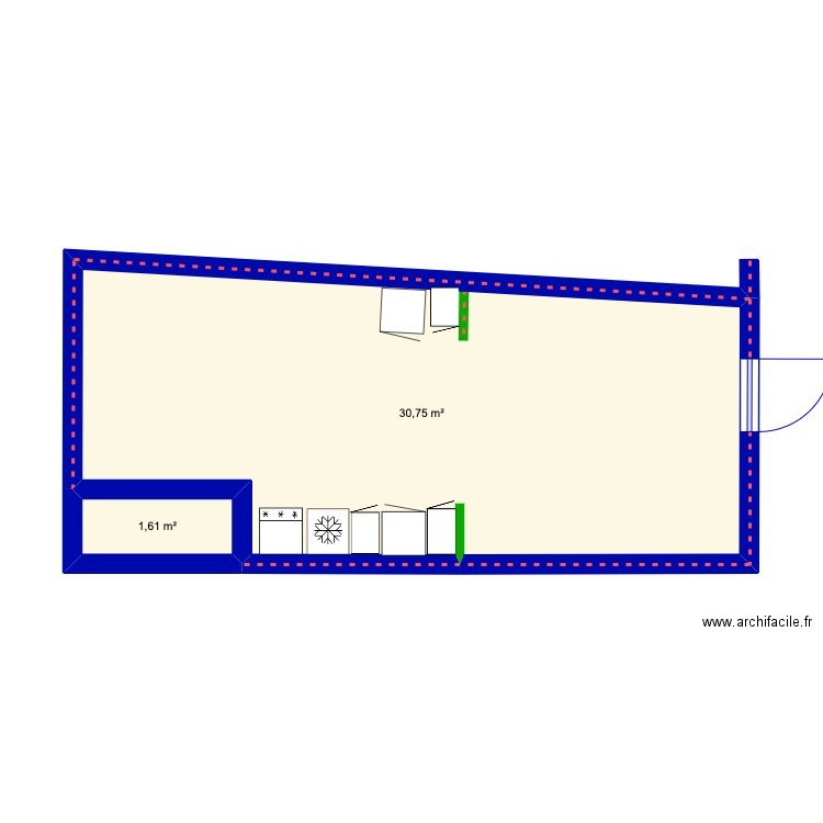 1er cuisine. Plan de 2 pièces et 32 m2