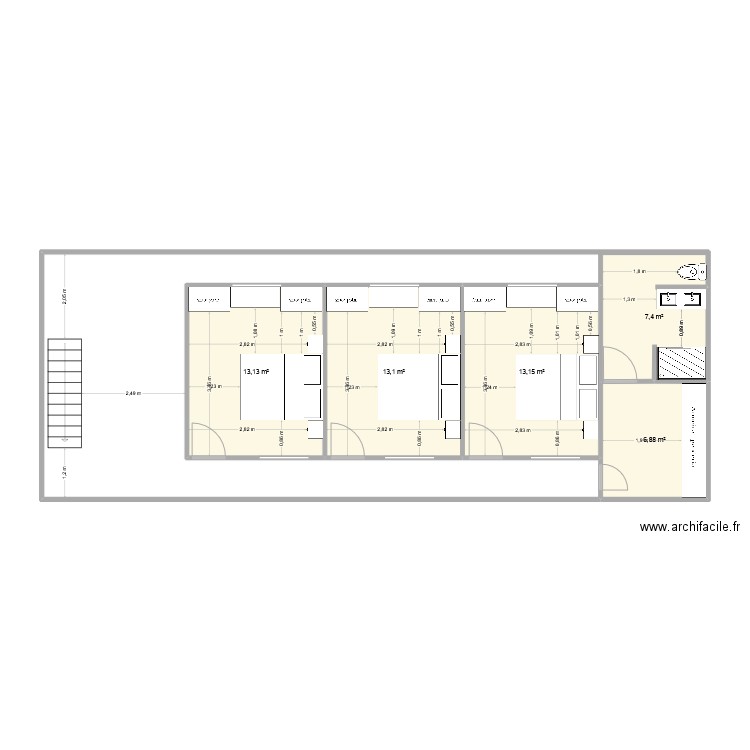 mezzanine. Plan de 5 pièces et 54 m2