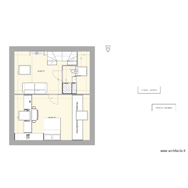 comble v1. Plan de 3 pièces et 47 m2