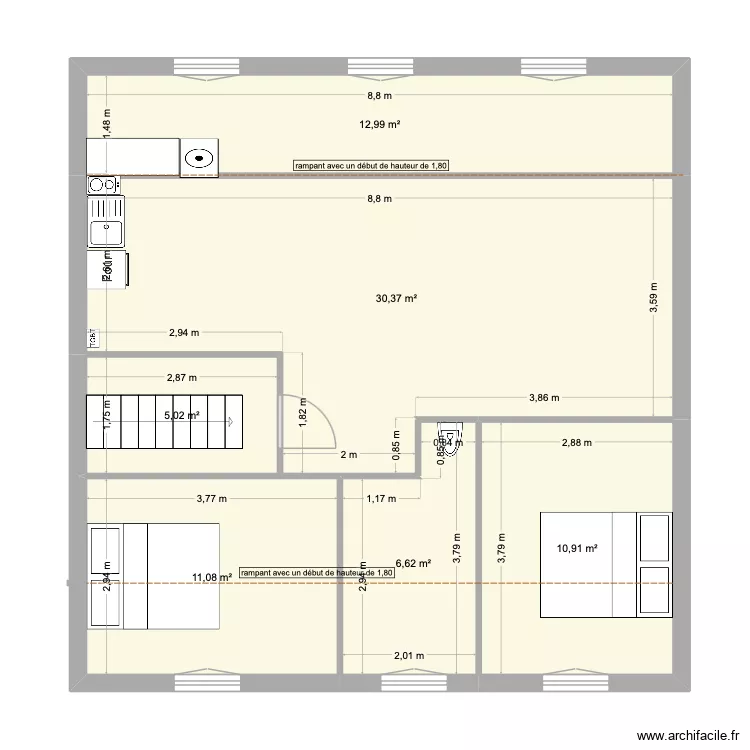 comble. Plan de 6  et 77 m²