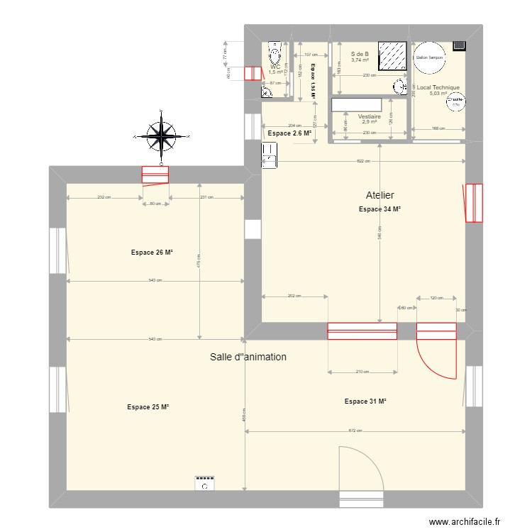 Salle Animation. Plan de 6 pièces et 133 m2