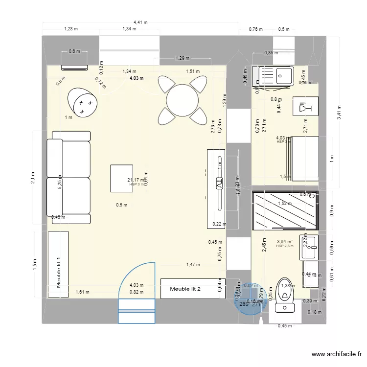 Studio  mode jour. Plan de 3  et 29 m²
