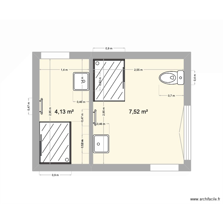 Salle de bain jumelle. Plan de 2 pièces et 12 m2
