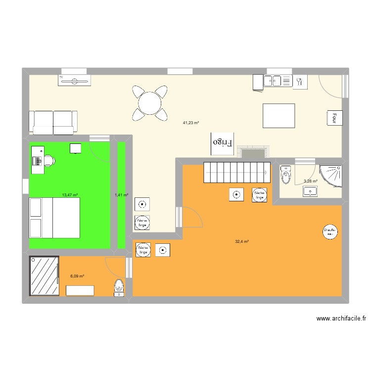 Sous-sol Magnon. Plan de 6 pièces et 98 m2