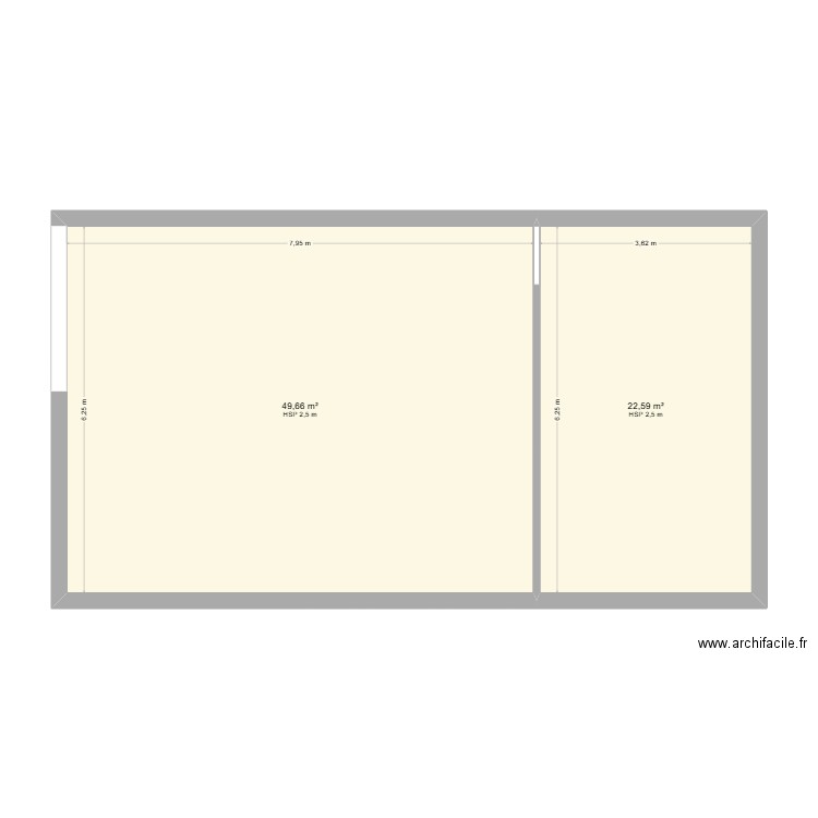 Rez de chaussée. Plan de 2 pièces et 72 m2