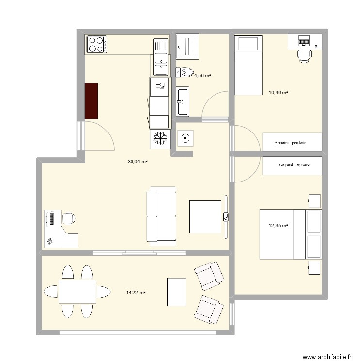 T3 Cayenne. Plan de 5 pièces et 72 m2