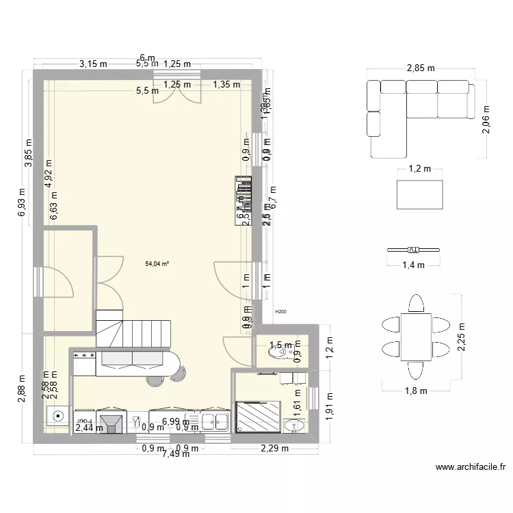 Maison M me T V2. Plan de 1  et 54 m²