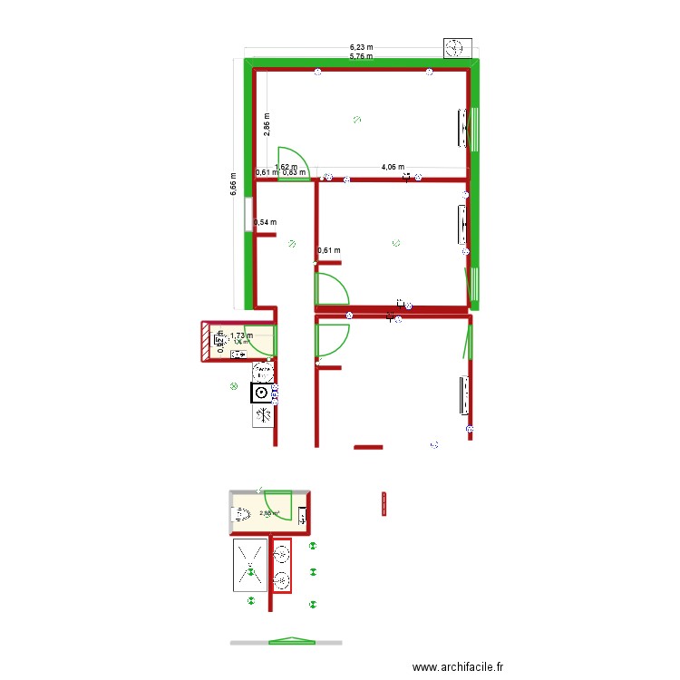 PlanExtensionSeuleAvecCotationsSansMeubles. Plan de 2 pièces et 4 m2