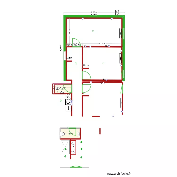 PlanExtensionSeuleAvecCotationsSansMeubles. Plan de 2  et 4 m²