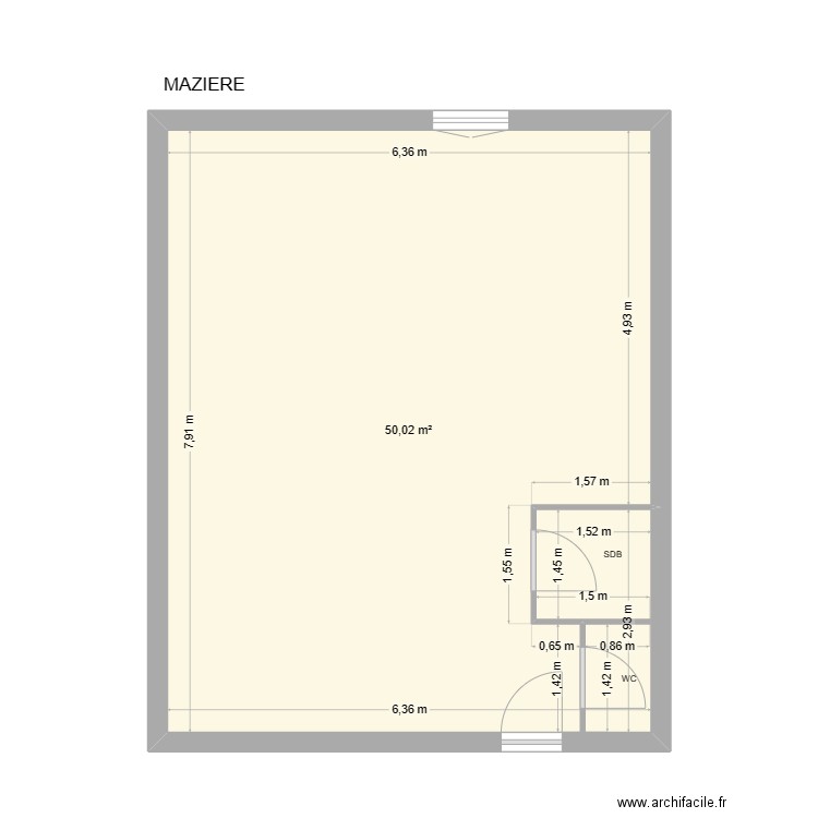 MAZIERE. Plan de 1 pièce et 50 m2