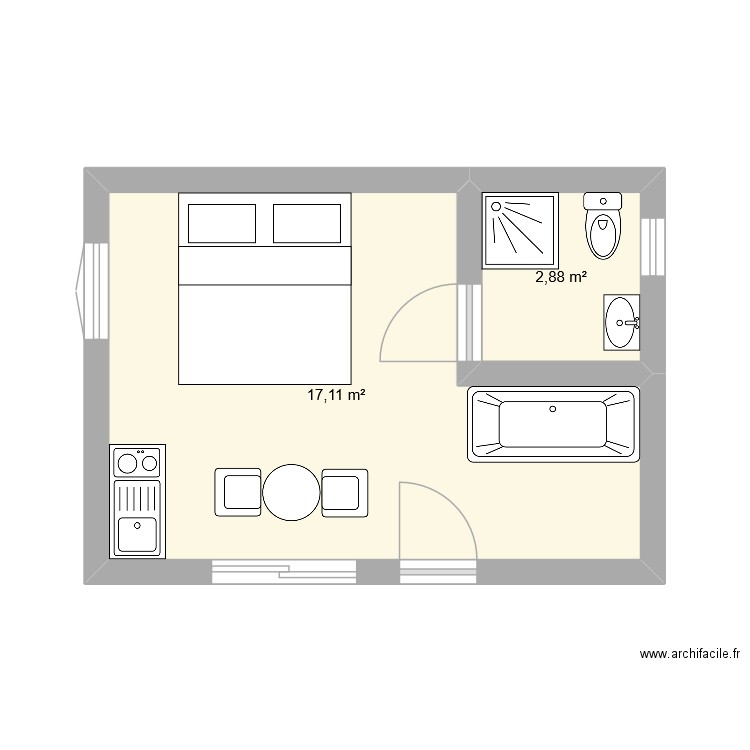 studio. Plan de 2 pièces et 20 m2