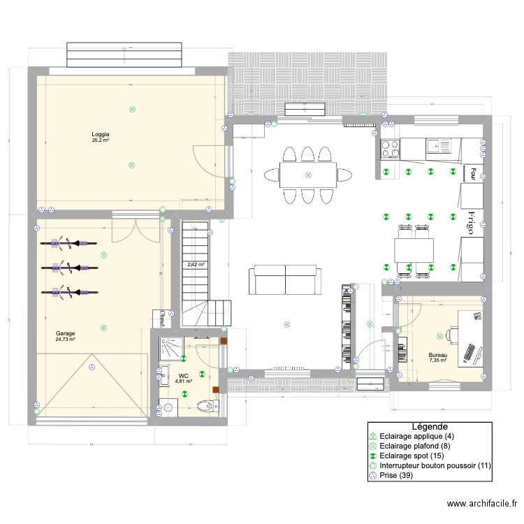 Peupliers RDC. Plan de 5 pièces et 65 m2