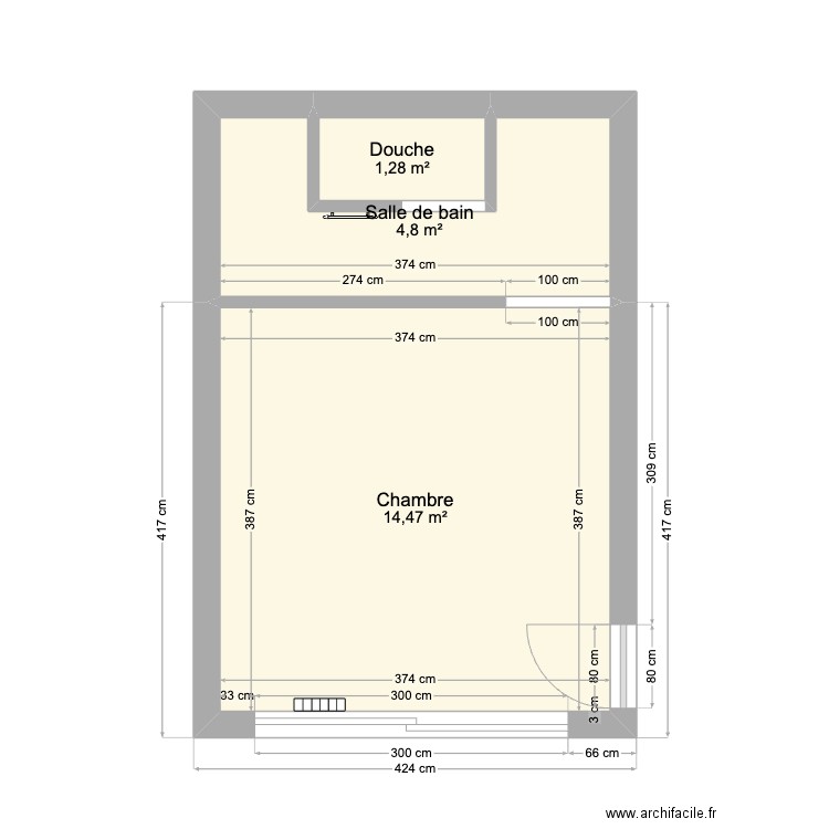 Chambre Basfour. Plan de 3 pièces et 21 m2
