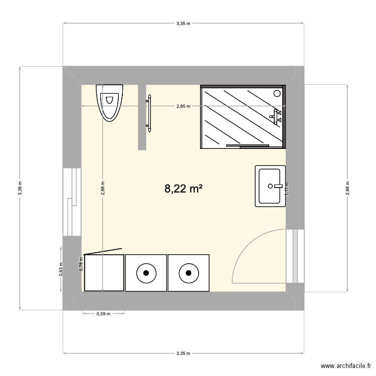 sdb sous-sol. Plan de 1 pièce et 8 m2