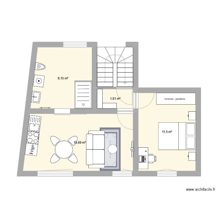 T2 r+2. Plan de 4 pièces et 38 m2