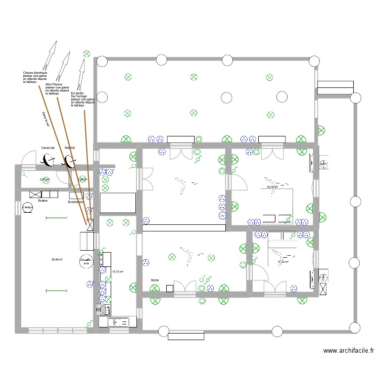 Maison Diégo. Electricité 9. Plan de 6 pièces et 79 m2