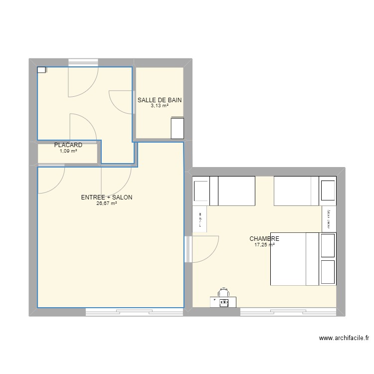 LA MONGIE chambre. Plan de 4 pièces et 48 m2