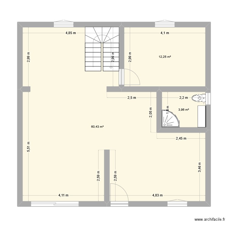 1er étage. Plan de 3 pièces et 77 m2