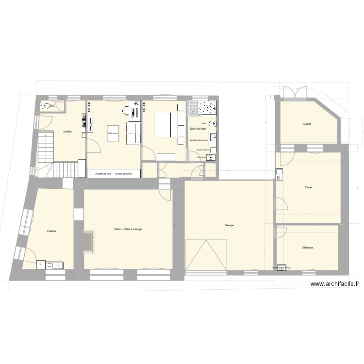 Salle de Bains RDC actuelle douche V2. Plan de 17 pièces et 216 m2
