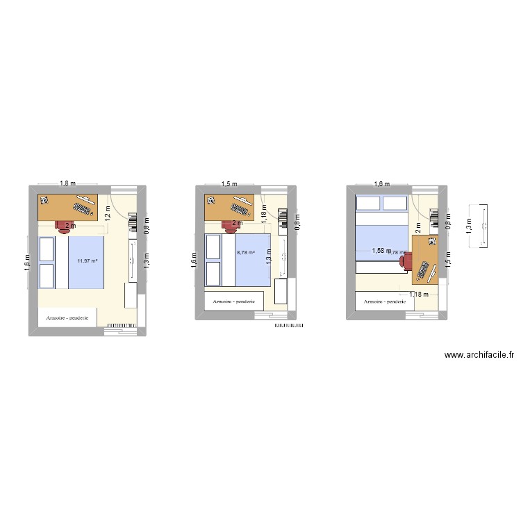 Chambre. Plan de 3 pièces et 30 m2
