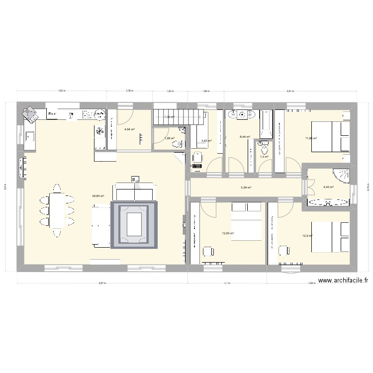 projet 3: sous sol + bureau. Plan de 12 pièces et 128 m2