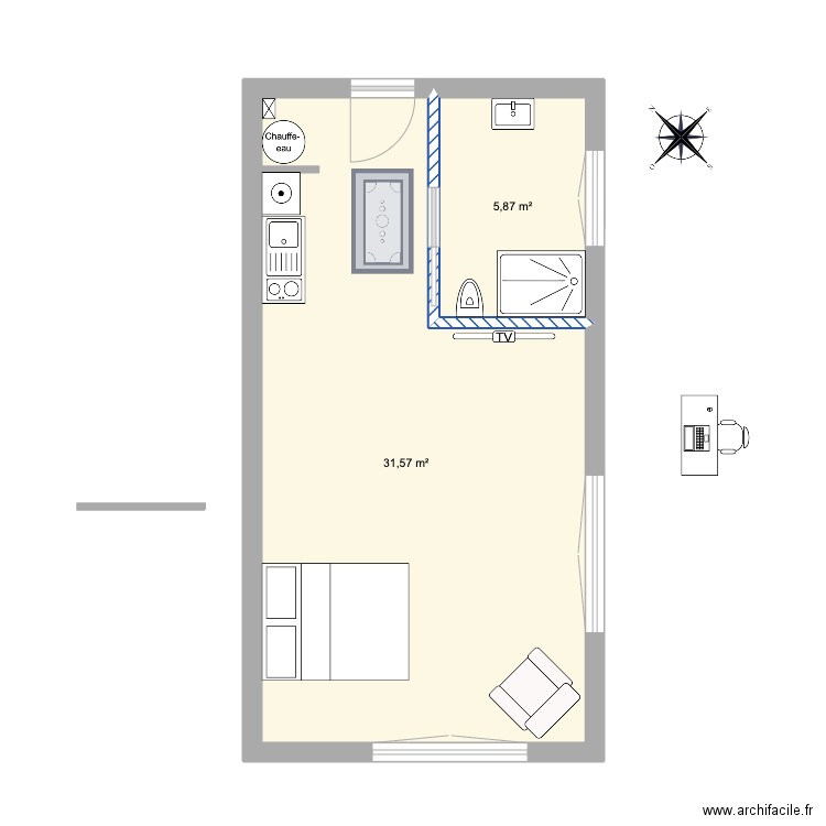studio. Plan de 2 pièces et 37 m2
