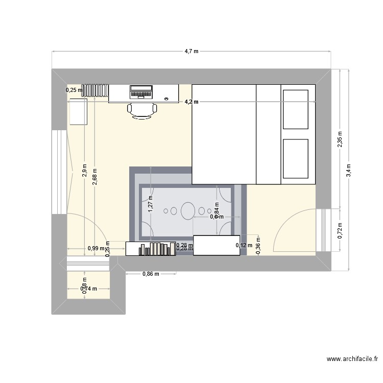 chambre. Plan de 2 pièces et 13 m2