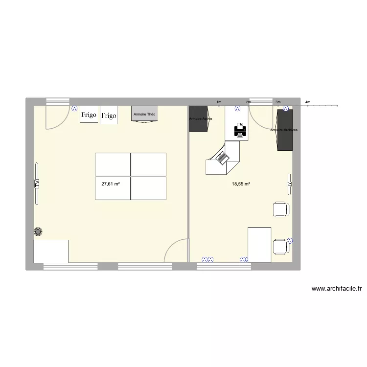 Bureau 2. Plan de 1  et 28 m²