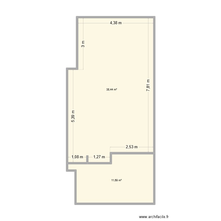 RDC R. Plan de 2 pièces et 50 m2