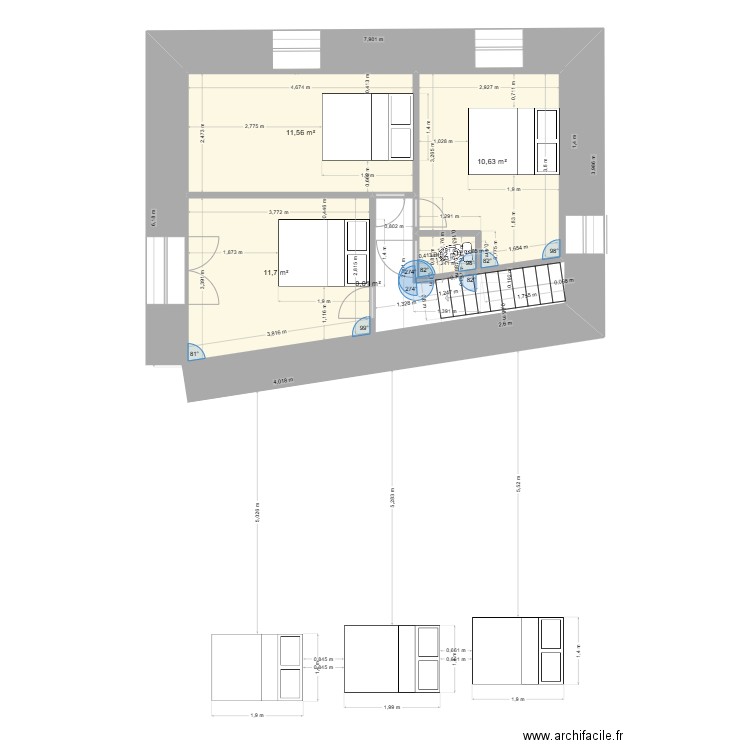 aiguilles 2 etage. Plan de 5 pièces et 35 m2