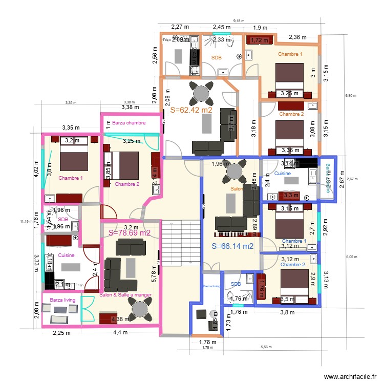 Superficie Appartements II et III. Plan de 0 pièce et 0 m2 Superficie Appartements II et III. Plan de 0 pièce et 0 m2