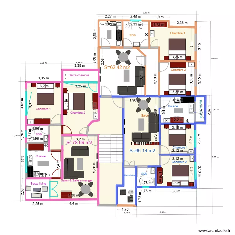 Superficie Appartements II et III. Plan de 8  et 122 m²