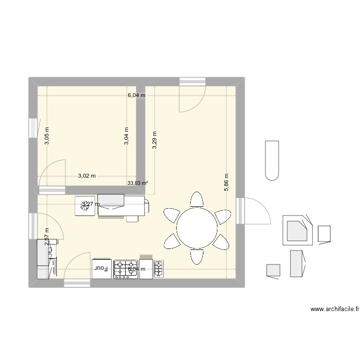 cuisine. Plan de 1 pièce et 34 m2