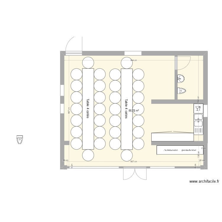 Salle convivialité. Plan de 1 pièce et 57 m2