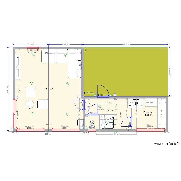 Баня 3. Plan de 5 pièces et 59 m2