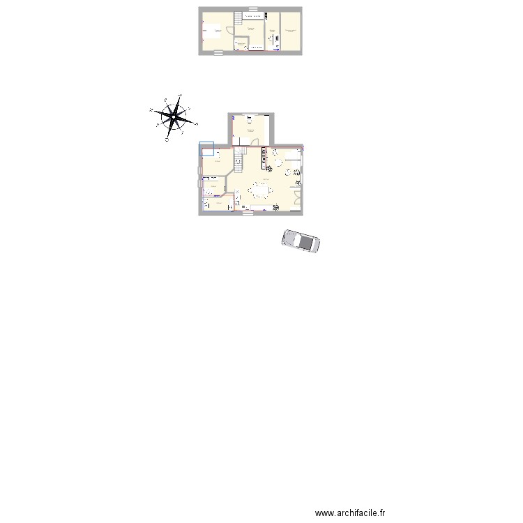 Maison A en croix. Plan de 10 pièces et 130 m2